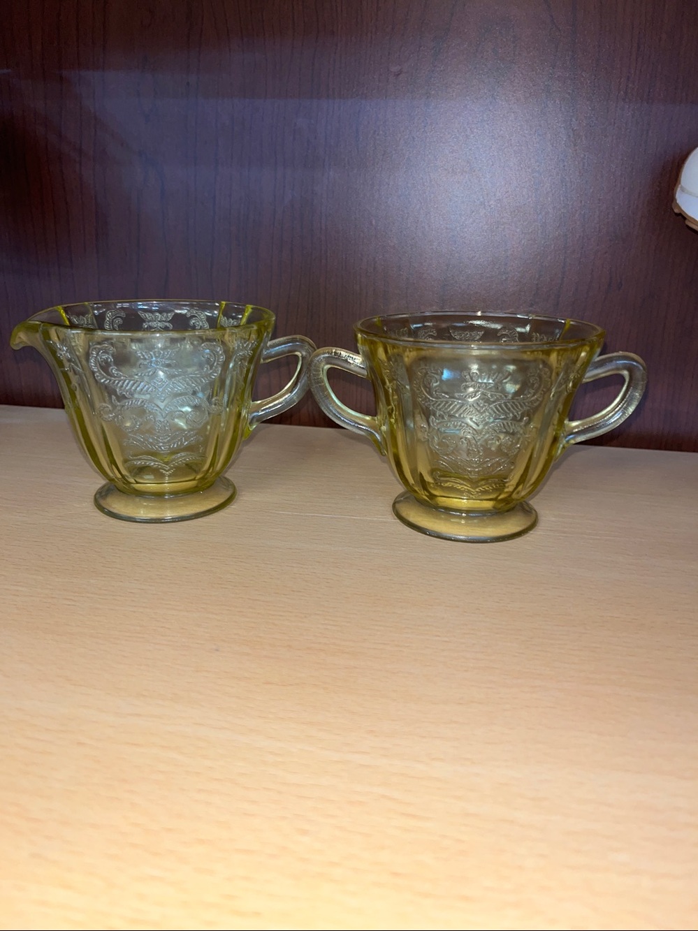 Federal Glass Cream & double handle Sugar Bowl Depression Glass Madrid Yellow